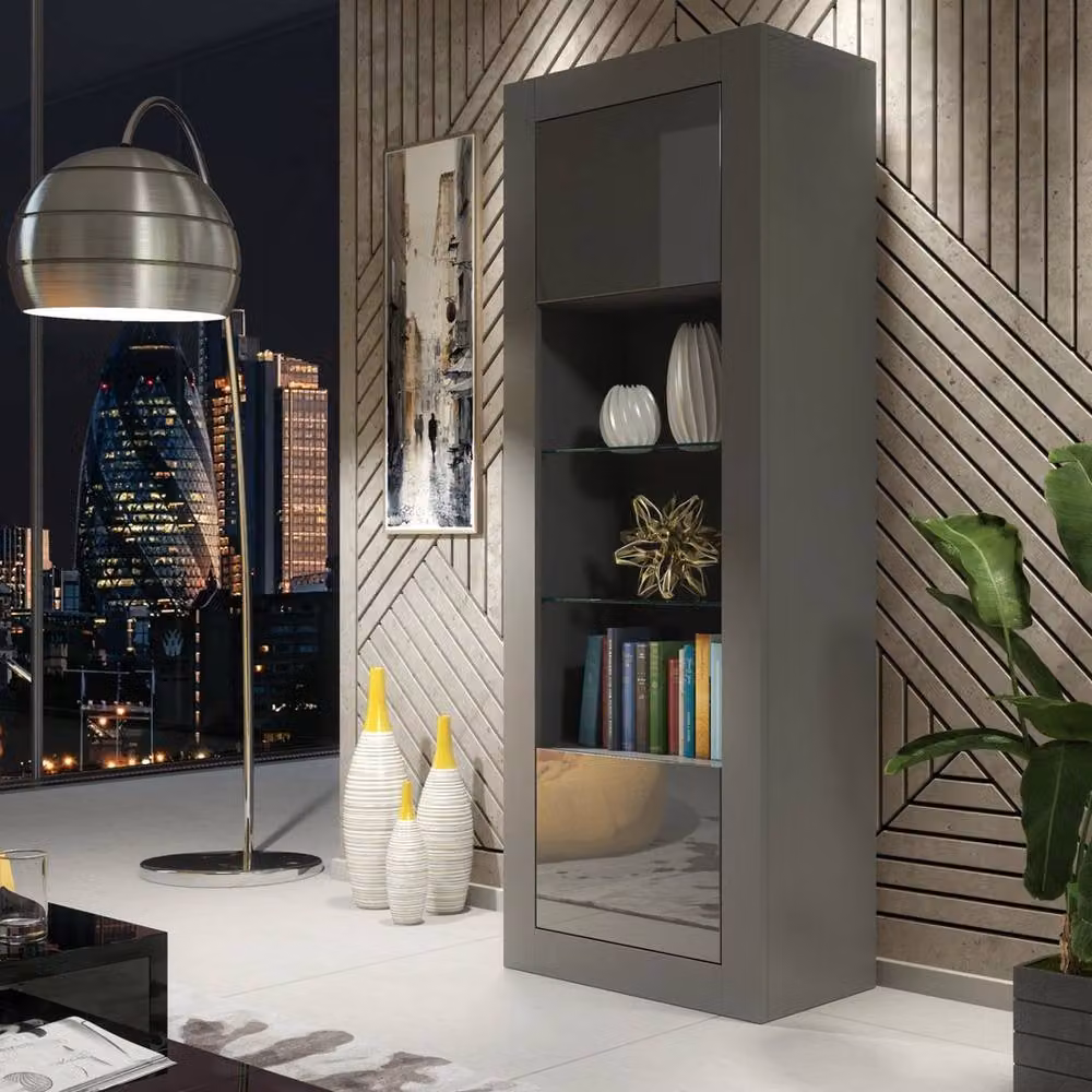 PAWNORA Grey Matt Display Cabinet with Glass Doors and Internal Shelves, Height: 170 cm – 2