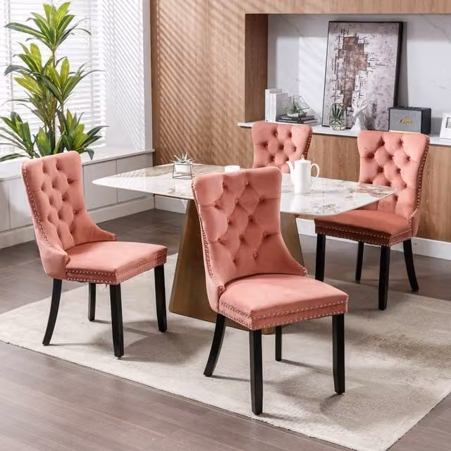 Modern Home Touch Romsey Set of 4 Pink Velvet Upholstered Dining Chairs with Oak Legs and Knocker Ring Back – 1