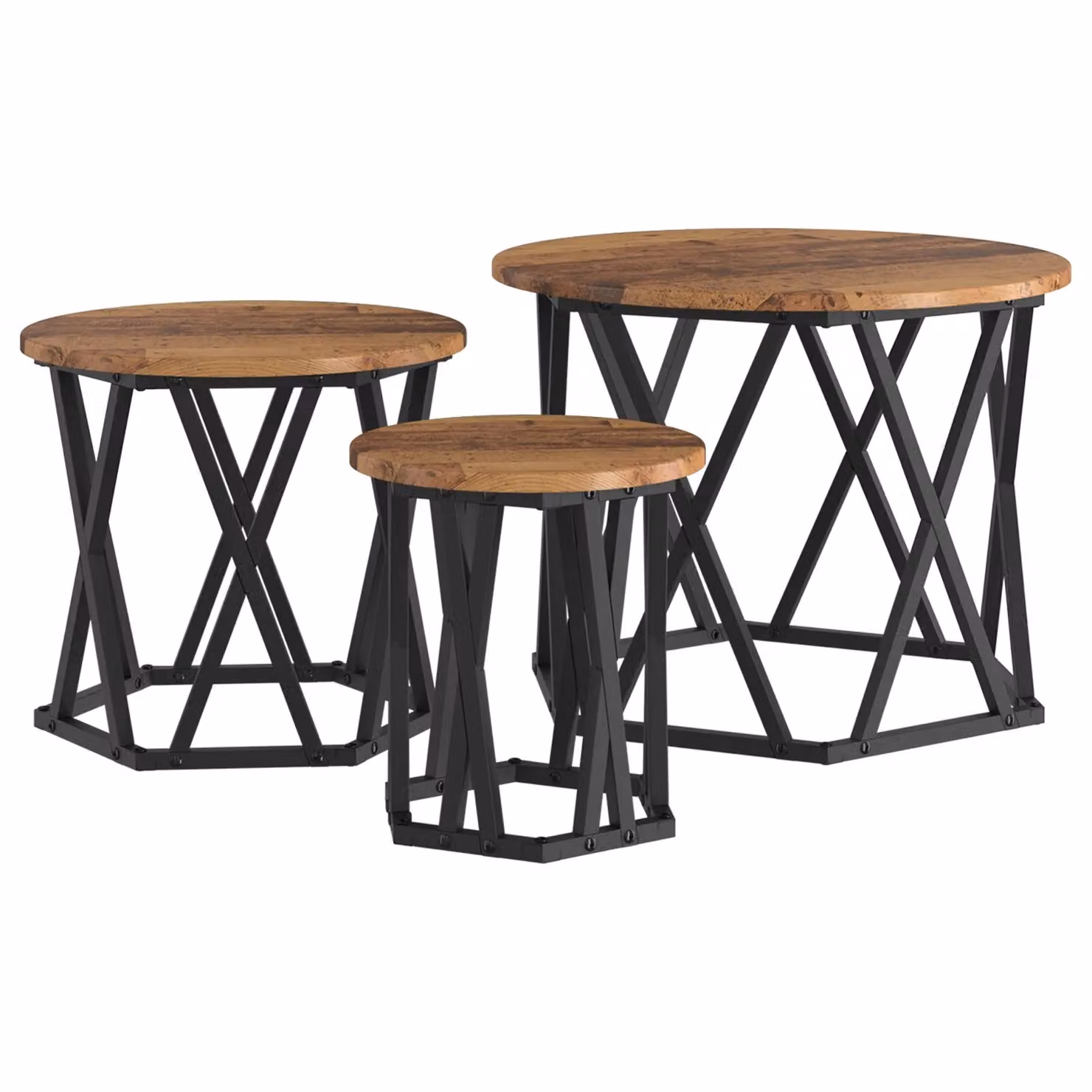 Berkfield Home Set of 3 Round Nesting Side Tables in Brown Rustic Wood and Metal – 2