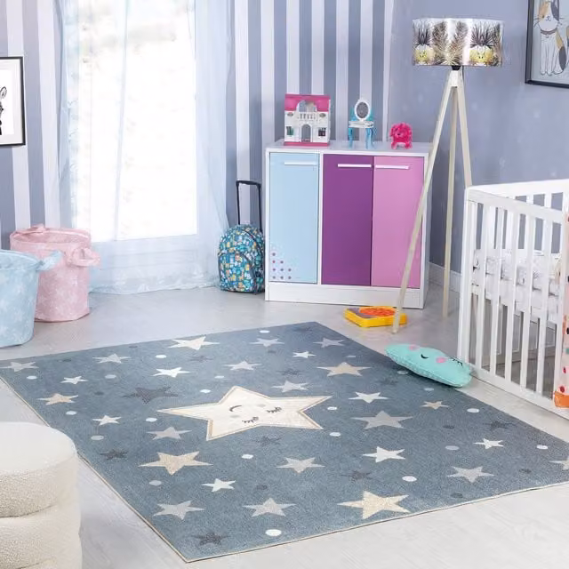 Livabliss Lilian Washable Round Childrens Rug with Star Pattern in Blue, Grey, Beige and Yellow, Diameter: 160 cm – 1