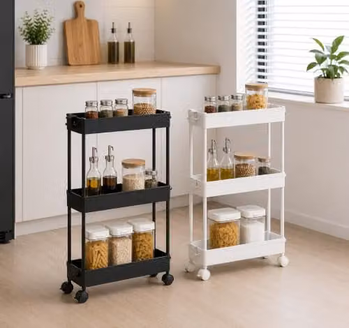 HYGRAD 3 Tier Slim Rolling Storage Trolley Cart with Wheels, White or Black, Height: 65 cm – 3