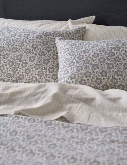 Piglet In Bed 2 Pack Blue Mix Folk Floral Linen Rich Pillowcases