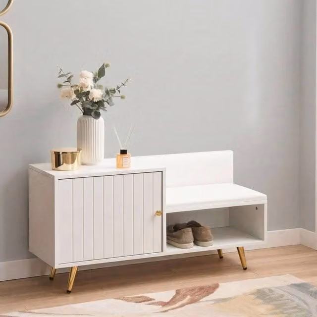 Wyld and Coco White Shoe Storage Bench with 2 Compartments, Ribbed Doors and Gold Tone Details – 1