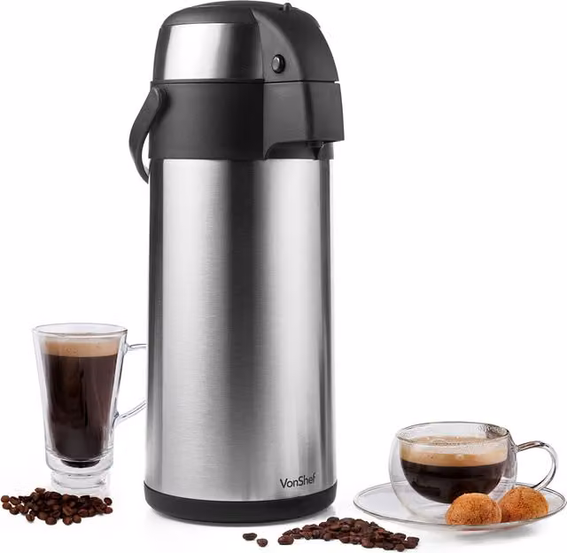VonShef 3L Stainless Steel Double-Wall Insulated Vacuum Airpot Coffee and Tea Dispenser in Silver with Safety Lock and Carry Handle – 1