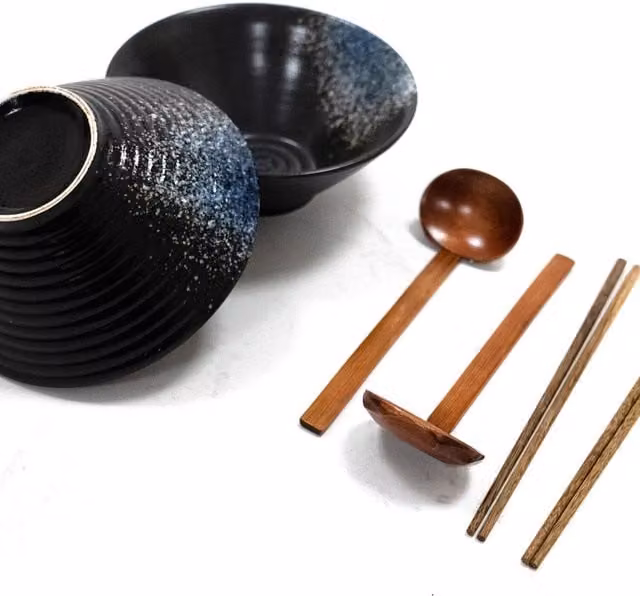 Maison and White Set of 2 Blue and White Stoneware Ramen Bowls with Wooden Chopsticks and Ceramic Spoons