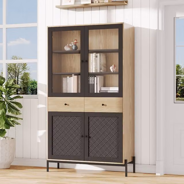 Livingandhome Modern Black Wooden Side Cabinet with Rattan Doors