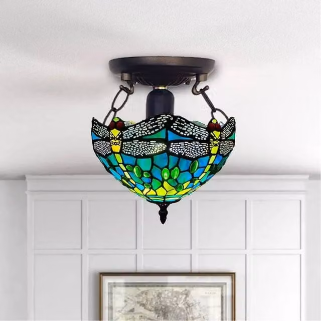 NESTLUNE Tiffany Style Green Dragonfly Glass Ceiling Lamp, Multicolour and Copper, Diameter: 25.4 cm – 1