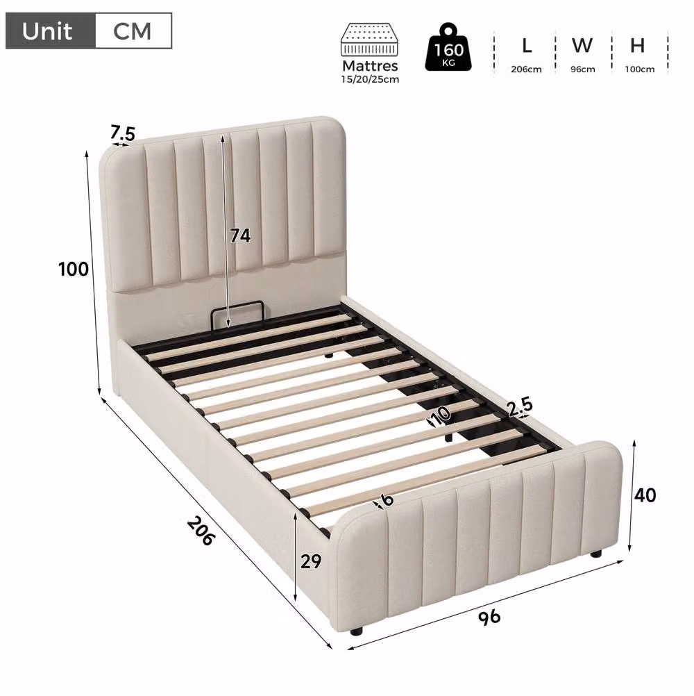 STILVORA Single Ottoman Bed with Hydraulic Storage, Beige, W/D/H: 90 x 190 cm – 2