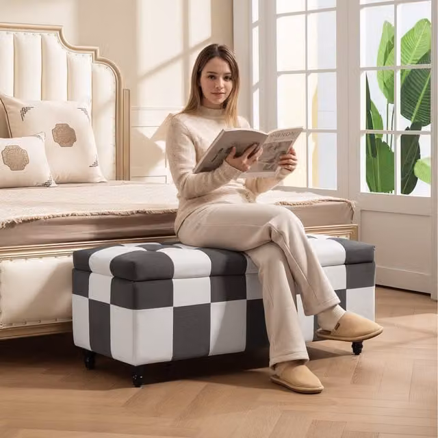 HOMCOM Modern Rectangular Storage Ottoman with Lid in Black and Multicolour Fabric