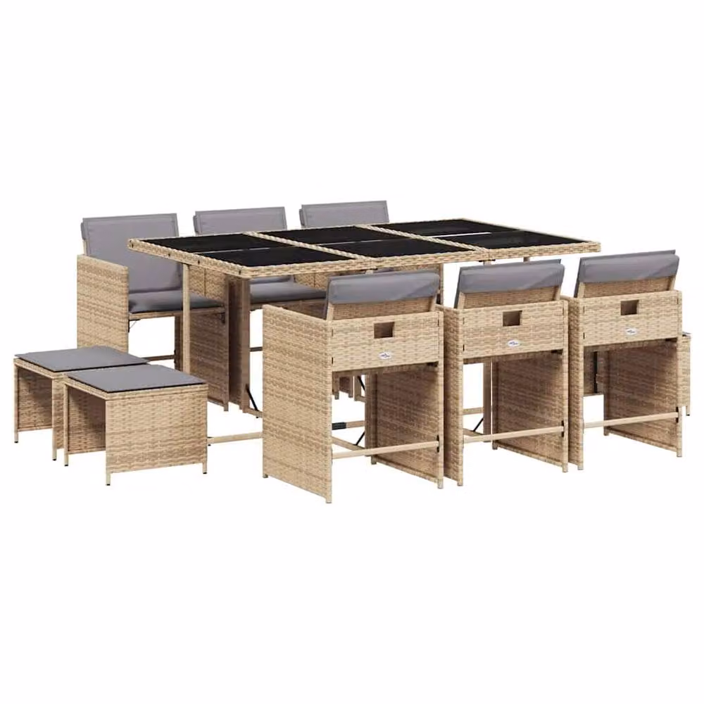 Berkfield Home 11 Piece Poly Rattan Garden Dining Set with Cushions and Glass Top in Beige – 2