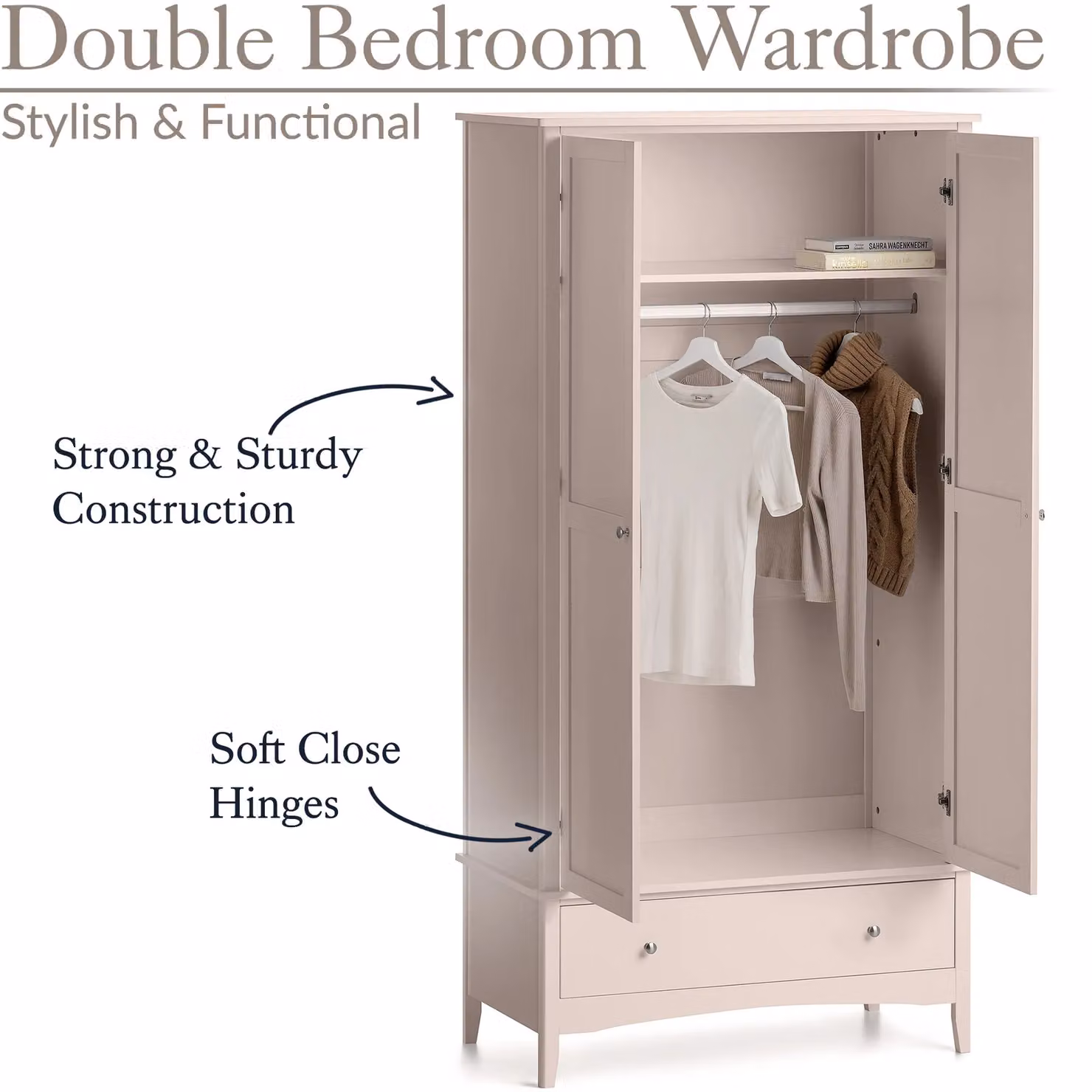 Christow Double Wardrobe with Drawer and Soft-Close Doors in Pink, H 185 x W 94.5 x D 50 cm – 2