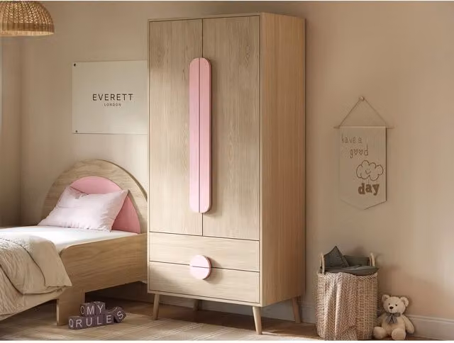 Flair Furnishings Noah 2 Door Wardrobe with 2 Drawers and Soft Close Doors, Pink – 1