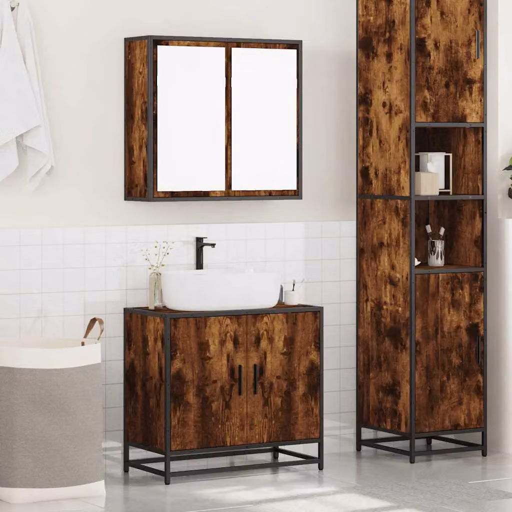 Berkfield Home 2 Piece Industrial Bathroom Furniture Set with Vanity Unit and Mirror Cabinet in Smoked Oak Brown – 3