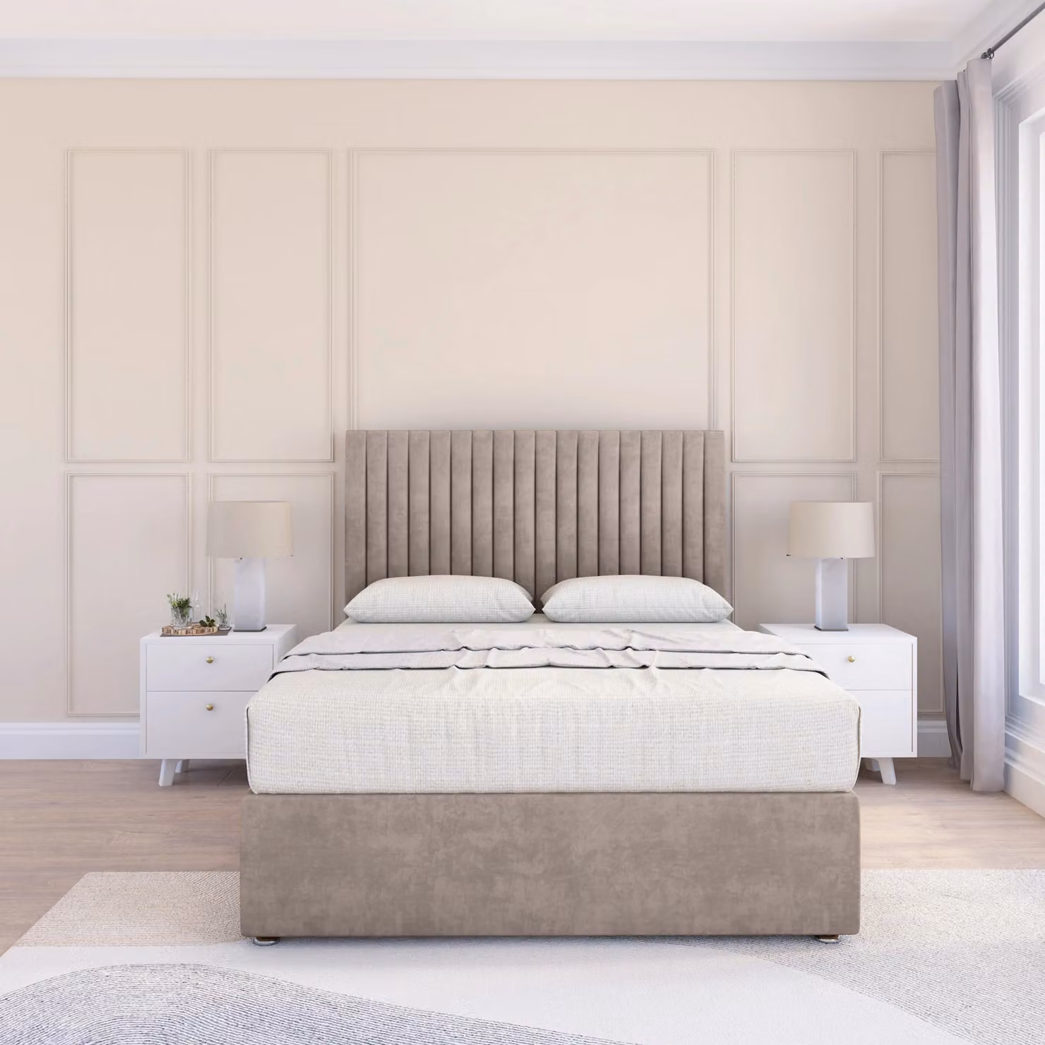 Sloomy Manhattan Small Double Divan Bed Base with Floor Standing Headboard in Sand Fabric, W/D/H: 120 x 200 cm