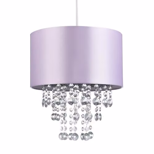 Happy Homewares Modern Round Lilac Satin Fabric Pendant Light Shade with Transparent Acrylic Droplets, Diameter: 30 cm