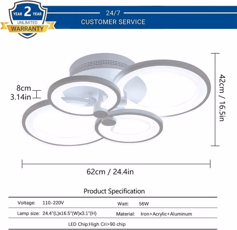 Garwarm Modern Dimmable LED Flush Mount Ceiling Light Set in White with Remote Control