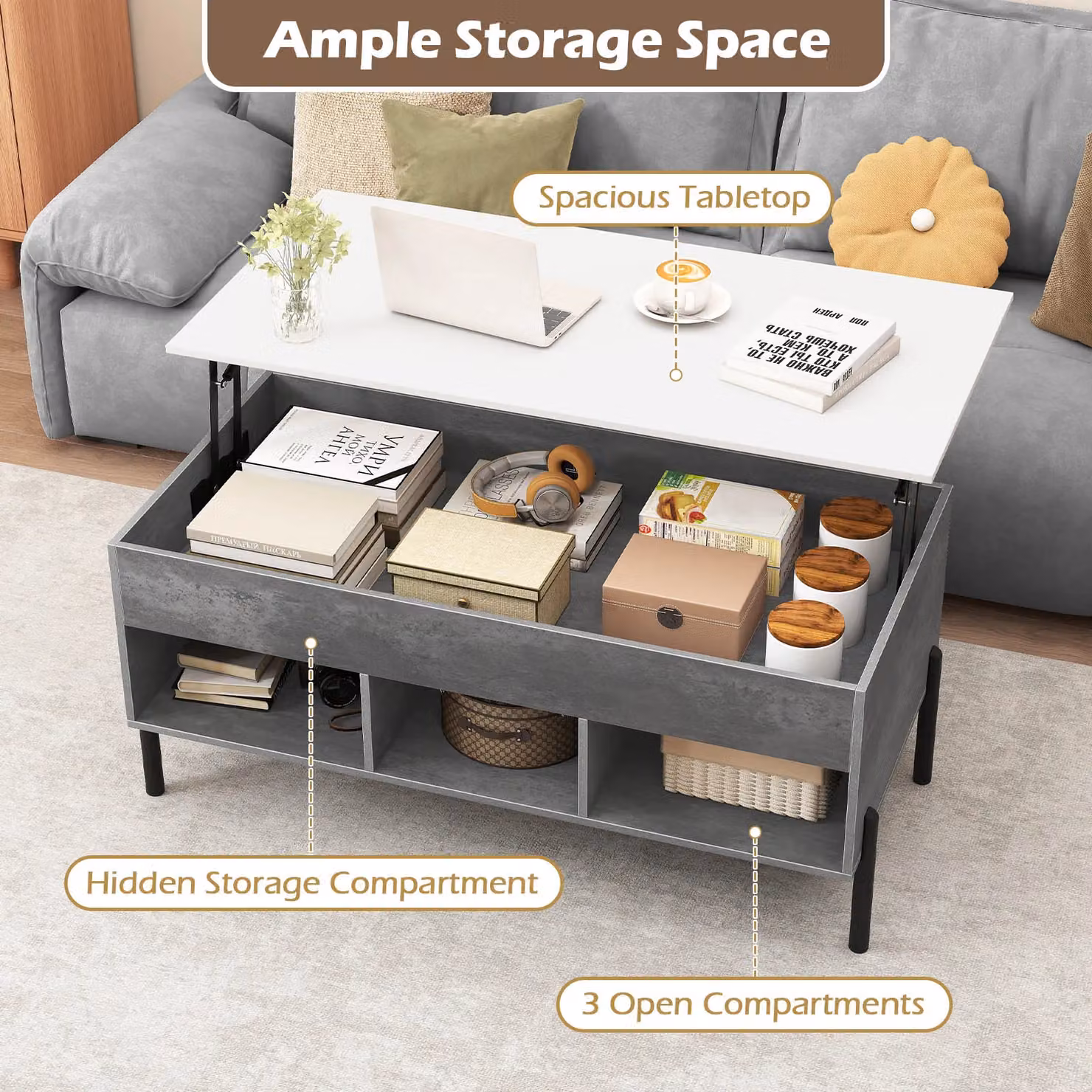 Gymax Modern Rectangular Lift-top Coffee Table with Metal Legs in Grey – 3