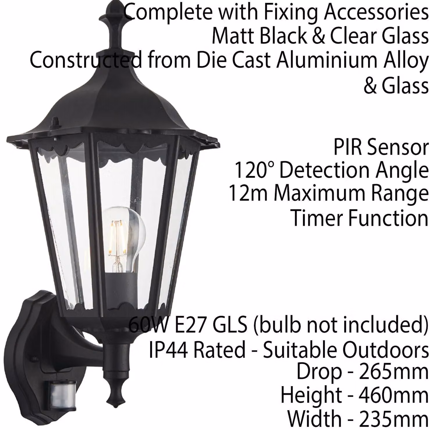 Loops Matt Black and Transparent Glass Traditional Outdoor PIR Wall Lantern with Motion, Dusk, and Timer Sensors, IP44, H 23.5 cm x W 16 cm x D 16 cm – 2