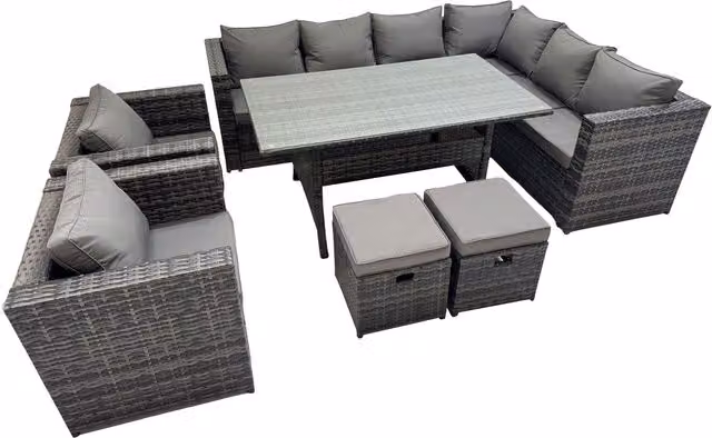 Fimous 10-Seater Dark Grey Mixed PE Rattan Garden Furniture Set with Rectangular Tempered Glass Table