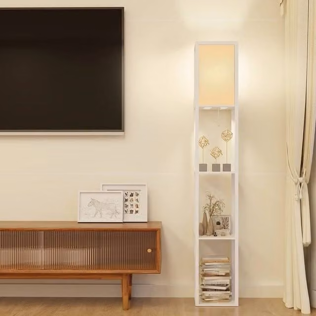 VOGREX White LED Floor Lamp with 3-Tier Wood Storage Shelf for Bedroom and Living Room, Height: 160 cm