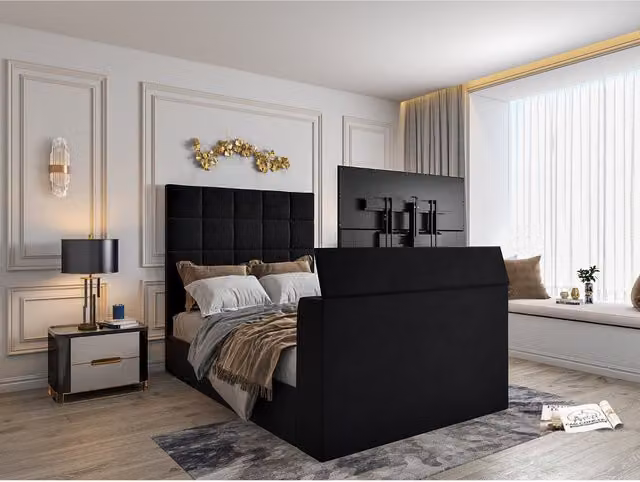 Casani Cubica Upholstered TV Bed Frame in Granite Boucle Fabric, W/D/H: 180 x 200 cm