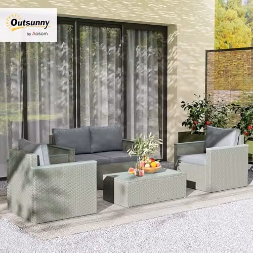 Outsunny 4 Piece Rattan Garden Furniture Set in Light Grey with Upholstered Cushions and Powder Coated Steel Frame – 2