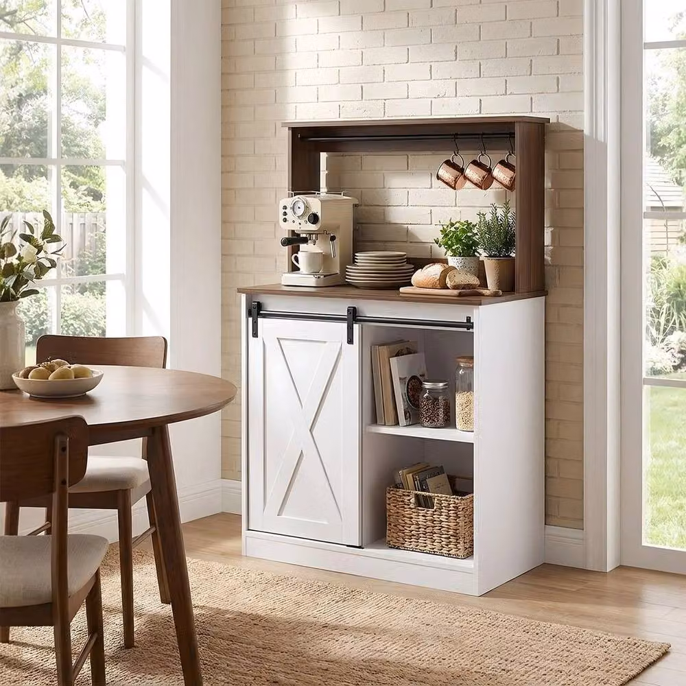 KORVIXA Rustic Farmhouse Kitchen Sideboard Buffet Cabinet in White and Multicolour, Width: 90 cm – 3