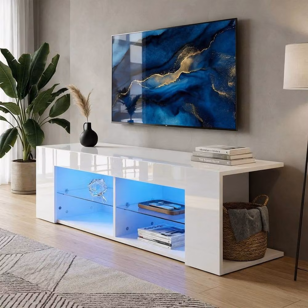 KORVIXA Modern High Gloss LED TV Stand Storage Cabinet in White – 4