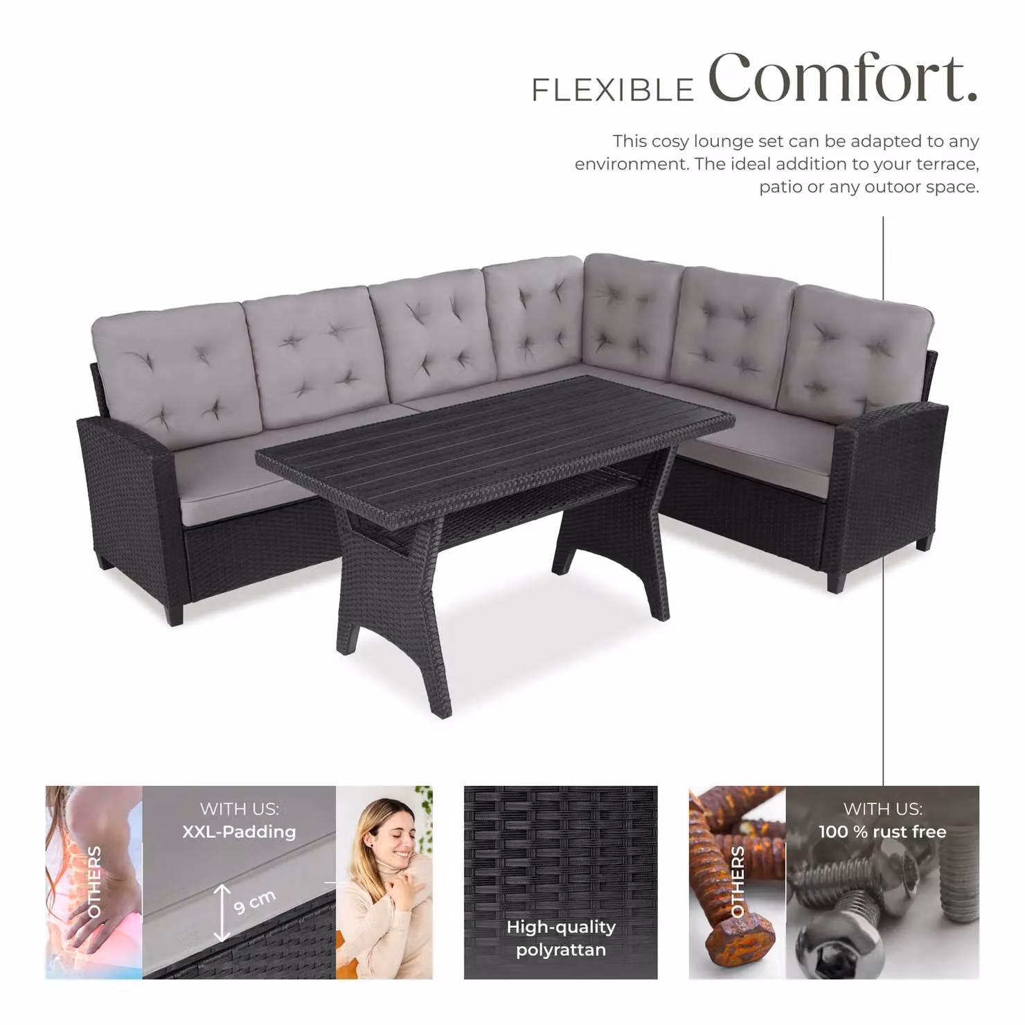 tectake Catania L-Shape Garden Furniture Set in Black and Grey Polyrattan with Upholstered Cushions – 3