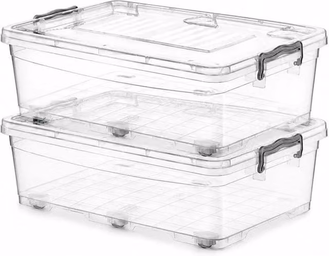PAWNORA Set of 2 Transparent Plastic Underbed Storage Boxes with Lids and Wheels, 30L each