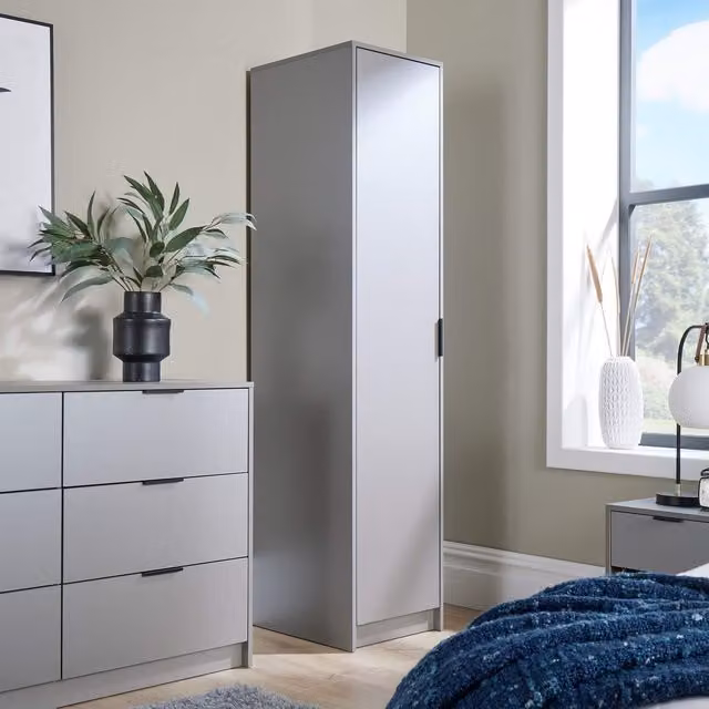 Home Source Phoenix 1 Door Wardrobe in Grey with Internal Shelves and Hanging Rod – 1