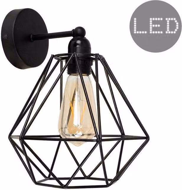 MiniSun Industrial Steampunk Satin Black Pipework Single Wall Light with Black Metal Basket Cage Shade and Warm White LED Bulb – 1