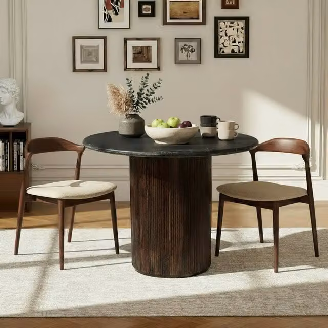 Luxor Living Mid-Century Round Black Marble Top Pedestal Dining Table, Diameter: 100 cm