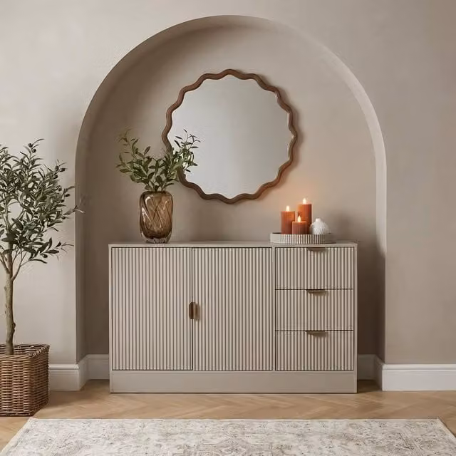 OHS Solid Ribbed Sideboard Buffet Cabinet Storage Unit in Beige Sand