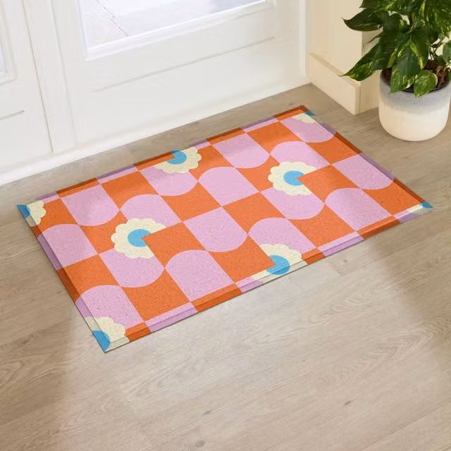 Artsy Mats Elizabeth Olwen Floral Wave Pattern Indoor/Outdoor Doormat in Pink and Multicolour, W: 90 cm, D: 60 cm