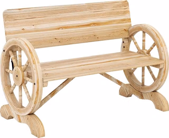 Outsunny 2-Seater Outdoor Garden Wagon Wheel Bench in Brown Rustic Wood Finish