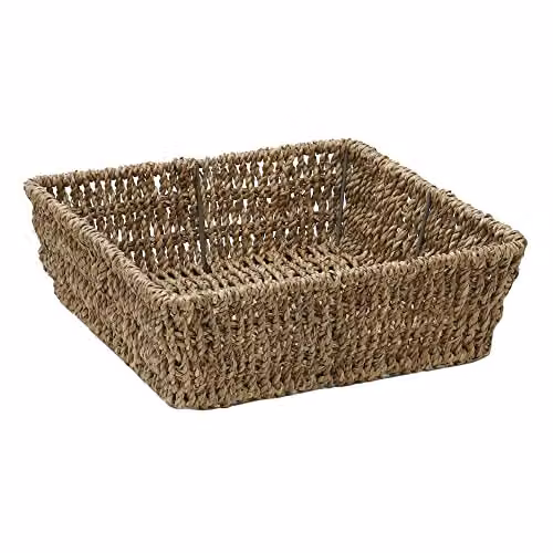 JVL Hand Woven Seagrass Square Storage Tray Set of 3 in Sand and Brown, H: 8 cm, W: 25 cm, D: 25 cm – 2