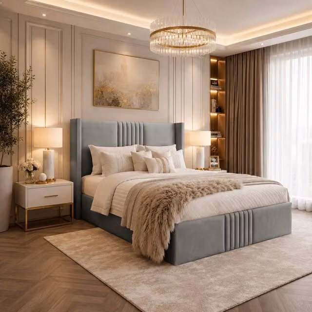 Desire Deco Brookes Luxury Wingback Upholstered Bed Frame in Grey, 140 x 200 cm