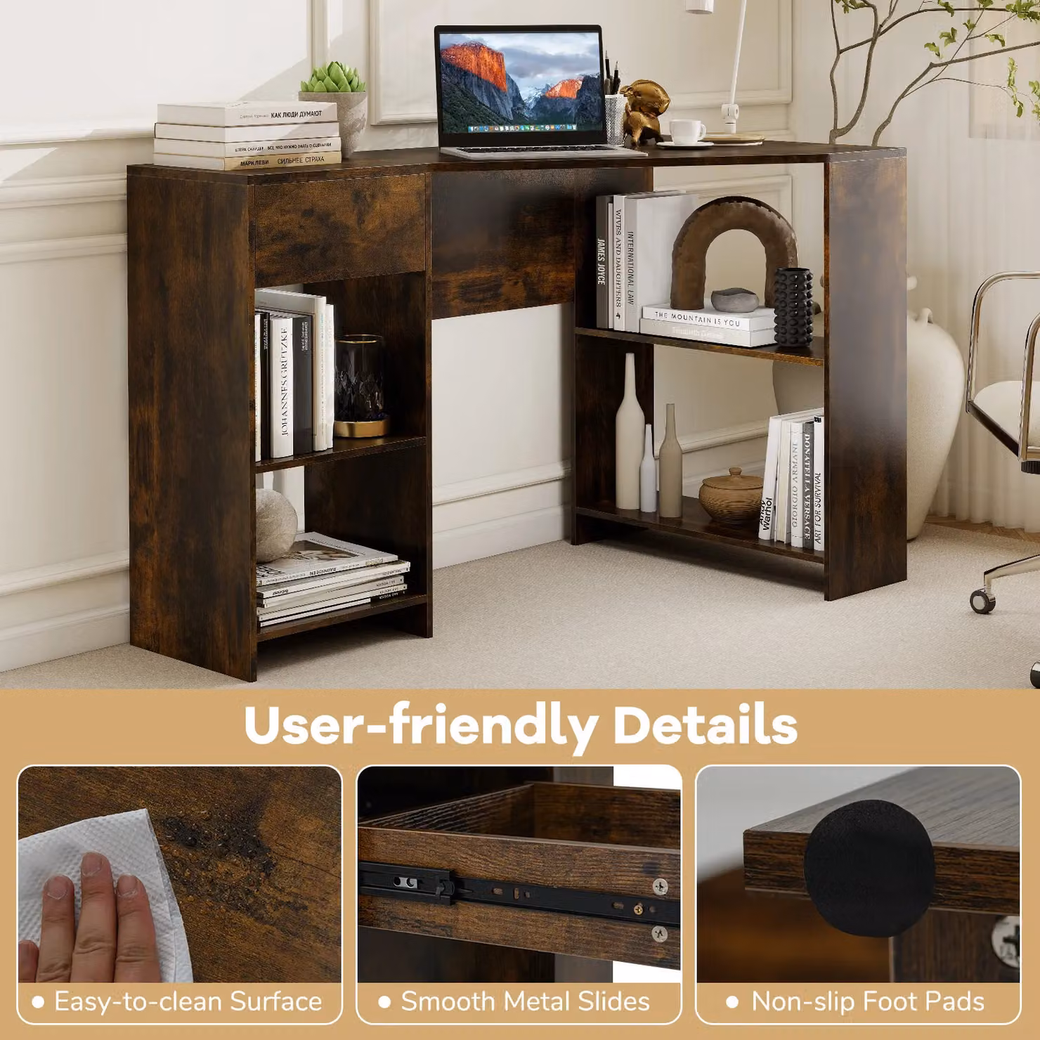 Gymax L-Shaped Corner Executive Desk with Shelves in Dark Brown – 3