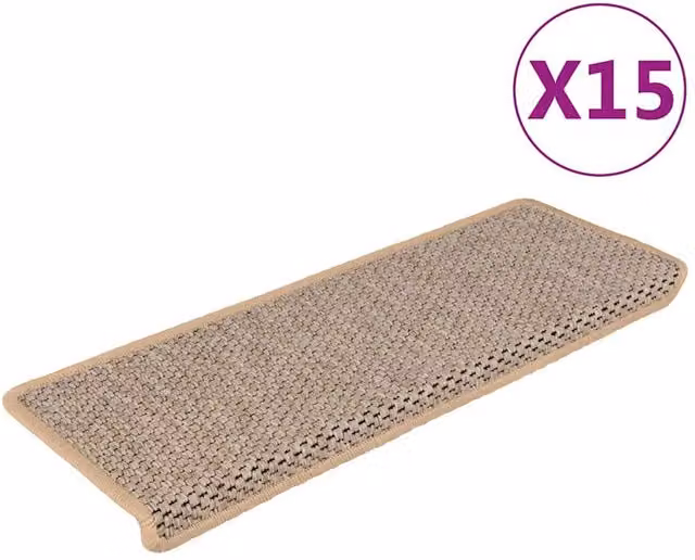 Berkfield Home Self-adhesive Sisal-Look Stair Mats, 15 Pieces, Light Beige, W/D/H: 65 x 21 x 4 cm