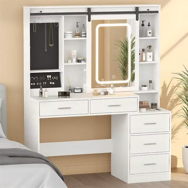 FLAVORA White Glossy Modern Dressing Table with Hollywood LED Light Mirror and Drawers, W: 120 cm, H: 150 cm – 1