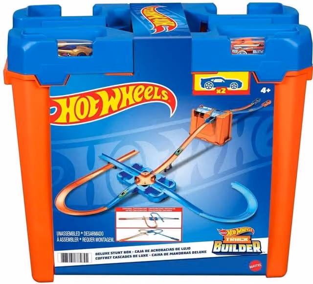 Hot Wheels Deluxe Stunt Box Race Track Set with Vehicles in Blue