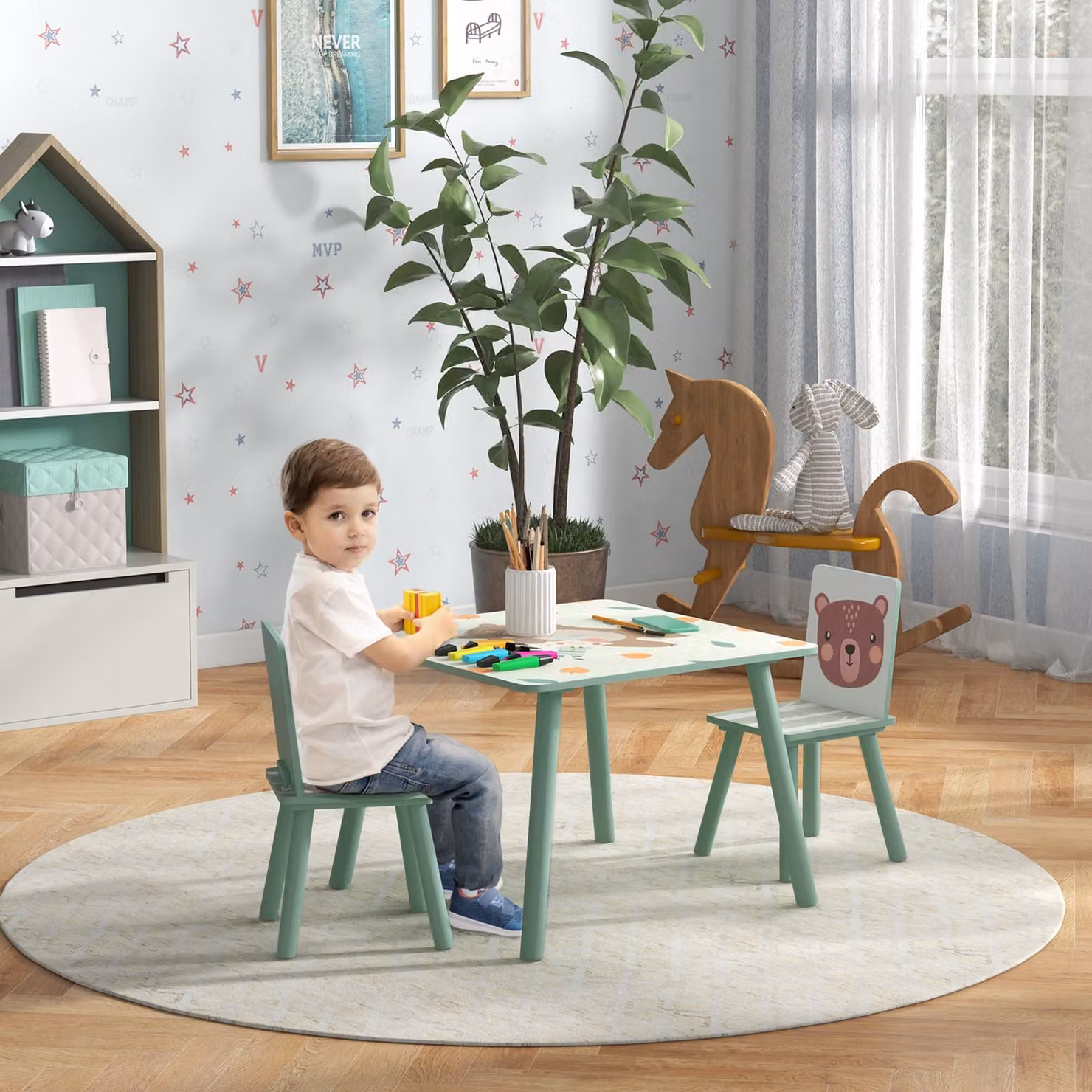 ZONEKIZ Kids Table and Chairs Set, 3 Piece Green Childrens Activity Desk and Chairs for Bedroom or Nursery – 2