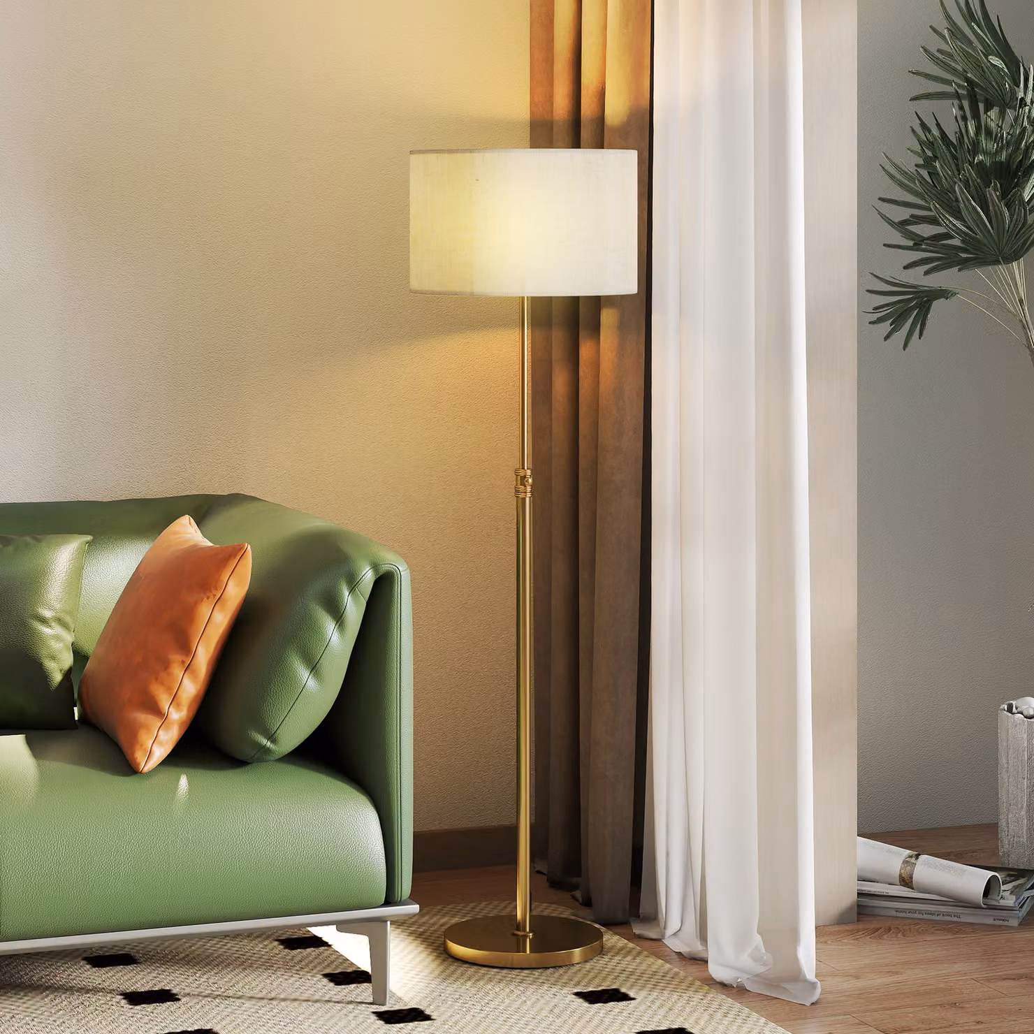 HOMCOM Gold Floor Lamp with Remote, Height Adjustable Dimmable Standing Lamp with Fabric Shade and Foot Switch for Living Room, Bedroom or Office – 2