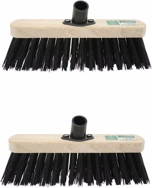 BARGAINS-GALORE Pack of 2 Black Stiff Bristle Hard Yard Broom Heads with Wooden Handles, Width: 30.48 cm – 1