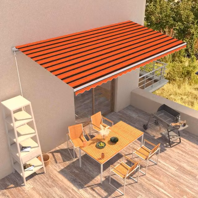 Berkfield Home Manual Retractable Wall-Mounted Awning with Folding Arms, Orange and Brown Striped Polyester, W: 600 cm, D: 300 cm