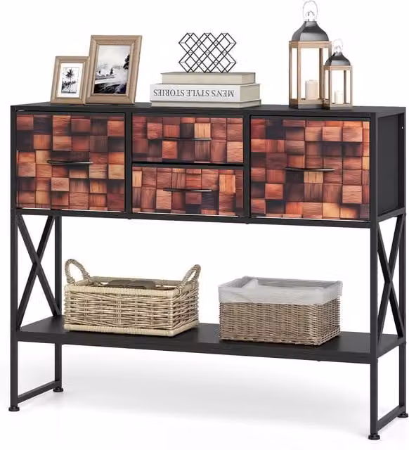 Costway Modern Geometric Console Table with 4 Fabric Drawers and Shelf in Black and Multicolour – 1
