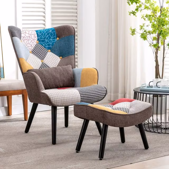 HomeMiYN Mid-Century Patchwork Fabric Single-Seater Sofa with Ottoman in Brown and Orange – 1