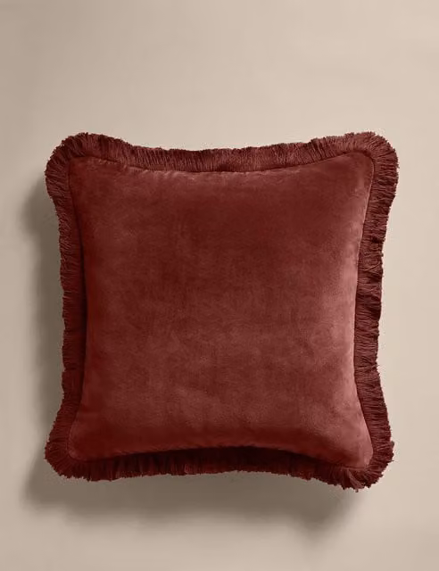 M&S Pure Cotton Velvet Fringed Square Cushion in Chestnut Brown