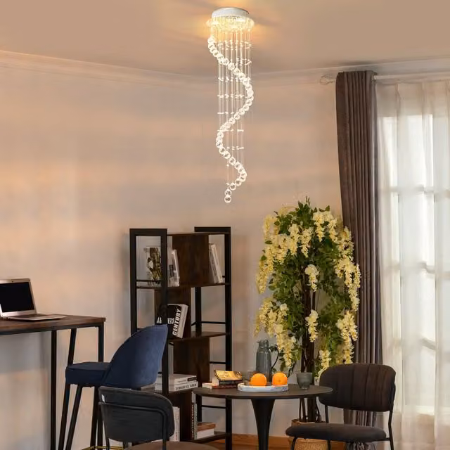 HOMCOM Modern Crystal Droplet Spiral Cascading Chandelier Ceiling Light, Silver/Chrome, W: 30 cm, H: 120 cm – 6